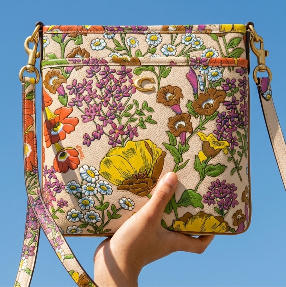 Coach Floral Leather Crossbody in Cream with Yellow, Pink & Green Accents